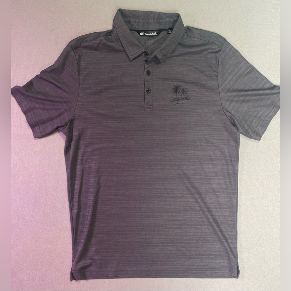 Travis Mathew Mens Golf Polo Shirt Size Large Grey Palm Trees Graphic Soft Knit